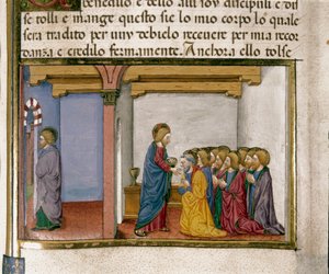 Jesus gibt dem Apostel Brot, Symbol seines Körpers, während Judas hinausgeht. Miniatur von Cristoforo De Predis (1440-1486) nach der Geschichte des Neuen Testaments