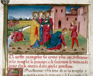 Jesus gibt einem von Geburt an Blinden das Augenlicht zurück Miniatur von Cristoforo De Predis (1440-1486) nach der Geschichte des Neuen Testaments (fol. 7)