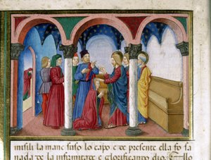 Jesus richtet eine Frau mit verdrehten Gliedern in einer Synagoge auf Miniatur von Cristoforo De Predis (1440-1486) nach der Geschichte des Neuen Testaments (fol. 78) von Cristoforo De Predis