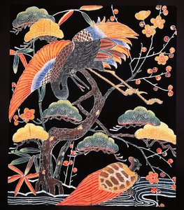 Kraniche und Langschwanzschildkröte (tsurugame) Detail von Kimonostoff mit glückverheißenden Motiven, japanische Zivilisation, Edo-Zeit von Culture Edo