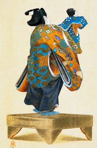 Puppenspieler mit Puppe von hinten gesehen, Ukiyo-e-Kunstdruck, Reproduktion aus Holzschnitt, japanische Zivilisation, Edo-Zeit