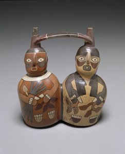 Doppel-Ausguss-Gurtgriff-Gefäß: Zwei Figuren, Mittlere Nazca, 100-150 n. Chr.