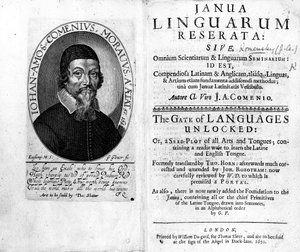Frontispiz und Titelseite zu Janua Linguarum Reserata mit einem Porträt von Jan Amos Komensky, graviert von George Glover, 1650
