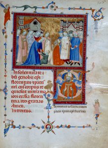 San Zanobi erweckt einen Jungen von den Toten (Codice Edili 107, c. 367), für ein Römisches Messbuch von Daddesco Maestro