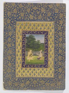 Layla liest Majnun vor, der unter einem Baum an einem Lotusbecken sitzt, Delhi
