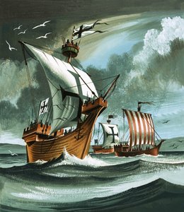 Handelsschiffe mit Deutschordensrittern nähern sich einem Piratenschiff