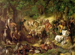 Robin Hood und seine fröhlichen Männer unterhalten Richard Löwenherz im Sherwood Forest