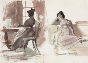 Studien einer jungen Dame in einem rosa Kleid, am Schreibtisch sitzend und auf einer Chaiselongue sitzend von Daniel Maclise