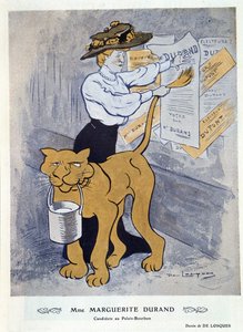 Marguerite Durand klebt ihr Wahlplakat, Illustration aus 