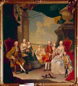 Franz I. des Heiligen Römischen Reiches (1708-1765) und seine Frau Kaiserin Maria Theresia I. (1717-1780) mit ihren elf Kindern auf der Terrasse des Schlosses Schönbrunn. Die zukünftige Königin Marie Antoinette posiert in der Mitte noch als Baby. Gemälde