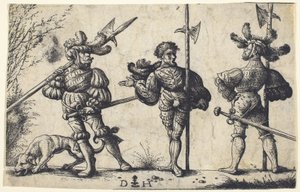 Drei deutsche Soldaten mit Hellebarden bewaffnet