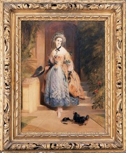 Porträt von Louisa Jane, Marchioness of Abercorn, klein in voller Länge, in einem aufwendig bestickten gelben und blauen Kleid, am Eingang eines Hauses, mit einem Spaniel, 1832