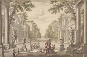 Ansicht eines Palastgartens mit einem zentralen Teich, umgeben von klassischer Architektur..., ca. 1700-1720