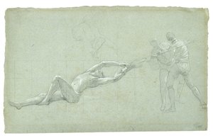 Studie für Die Belagerung von Gibraltar (Studie einer geretteten Figur und zwei Figuren, die an einem Ruder ziehen), 1785-1786 von Daniel Mytens