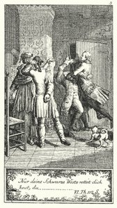 Nur deine schwarze Weste wird dich heute retten, du... (Gravur) von Daniel Nikolaus (after) Chodowiecki