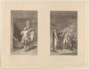 Baron jagt Candide zum Schloss hinaus [links]; Candide, Kunigunde und die Alte vor dem Stadthalter von Buenos Aires [rechts]