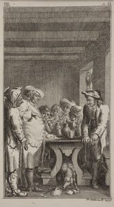 Des Scherers Hund leckt das gefärbte Wasser aus einem zerbrochenen Gefäß unter dem Tisch, um den 4 Bauern sitzen und 3 stehen, die Tabak rauchen und trinken. ob. III, S. 61.