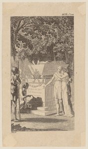 Miss Bruce mit ihrer Freundin an einem Grabmal, Blatt 12 aus "Leben Bemerkungen und Meinungen Johann Bunkels" von Daniel Nikolaus Chodowiecki