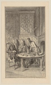 Sebaldus, der alte und junge Säugling am Tisch mit einem Lotterieschein