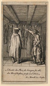 Der Kostümhändler, Illustration des Stücks "Nicht mehr als sechs Schüsseln" von Friedrich Wilhelm Grossmann in "Königl: Grosbrit[anische] Genealogischer Kalender auf das 1782 Jahr Lauenberg bei J.G. Berenberg"