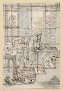 Zeichnung zum Titelkupfer der Naturgeschichte von Blumenbach: Zwei Naturforscher bei mikroskopischen Untersuchungen. E. 585