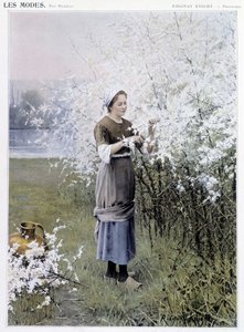 Frühling: Frau sammelt Blumen - Illustration von R. Knight, ca. 1905 von Daniel Ridgway Knight