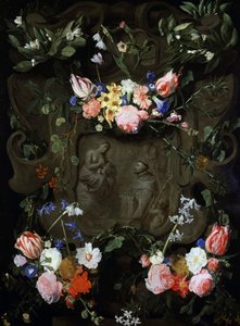 Marmornische verziert mit Blumen und eine Darstellung der Anbetung der Jungfrau enthaltend. Gemälde von Daniel Seghers (1590-1661) Private Sammlung.