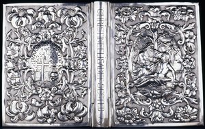 Ober- und Unterbuchdeckel mit Laubwerk und einem Bild des barmherzigen Samariters, 1740