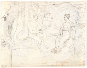 Ein Satyr mit Flöte und ein junges Mädchen, sitzend im Wald von Dankvart Dreyer