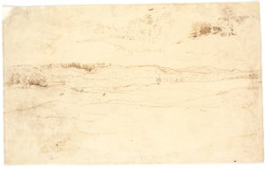 Aussicht über eine Landschaft mit kahlen Hügeln