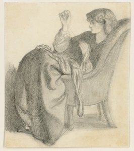 Lachesis: Studie von Jane Morris, die in einem Stuhl näht, 1860er