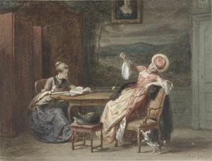 Zwei junge Frauen an einem Tisch von David Bles