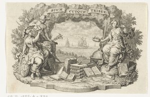 Vignette mit Merkur, Minerva und Gerechtigkeit