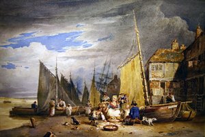 Eine Fischverkäuferin mit ihren Waren an der Themse von David Cox