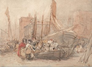 Hafenszene mit entladenden Fischerbooten von David Cox