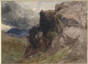 Felsige Landschaft in Wales mit einer Figur, die im Vordergrund rechts zeichnet