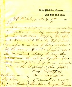 Brief von David D. Porter, U. S. S. Black Hawk, vor Vicksburg, an Seth Ledyard Phelps, Kommandant der U. S. S. Eastport, 9. Juli 1863