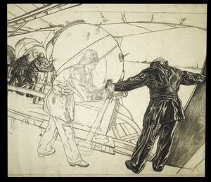 Vollständige Zeichnung für Winterminenlegen vor Island, ca. 1942 von David Muirhead Bone