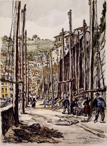 Die Thunfischfänger, Cudillero, Asturische Küste von David Muirhead Bone