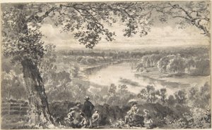 Blick auf die Themse mit Figuren im Vordergrund