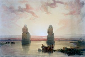 Die Kolosse von Memnon, in Theben, während der Überschwemmung, 19. Jahrhundert