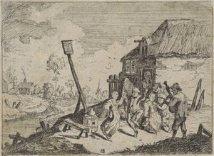 Tanzende Bauern bei einem Gasthaus