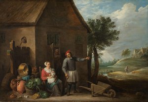 Bauer an einer Hüttentür mit einer sitzenden Frau und Kind