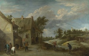 Bauern spielen Kegeln vor einem Dorfgasthaus