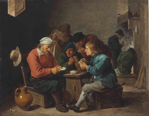 Bauern spielen Karten in einem Innenraum von David Teniers the Younger