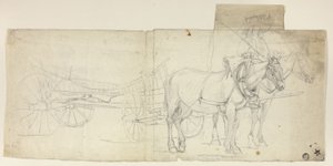 Zweispänner mit Fahrer, der Kutsche zieht (recto); Skizzen von sich bückenden Frauen (verso)