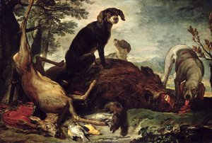 Hunde mit erlegtem Wildschwein und Hirsch