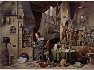 Alchemistenlabor im 17. Jahrhundert - nach dem Gemälde von David Teniers dem Jüngeren. von David the Younger (after) Teniers