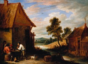 Eine Flusslandschaft mit Bauern vor einer Taverne