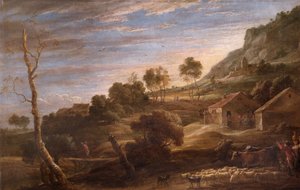 Landschaft mit Bauern, die Vieh treiben, ca. 1670-90